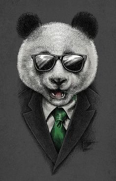 a drawing of a panda bear wearing sunglasses and a suit with a green neck tie