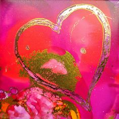 a pink and yellow painting with a heart shaped object in it's center surrounded by flowers