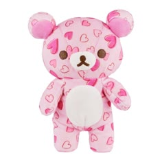 a pink teddy bear with hearts on it