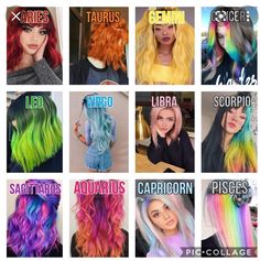 many different colored hair styles with the words zodiacs in each one's letters