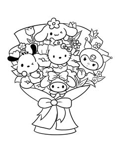 Sanrio Coloring Bouquet #freeprintables Iheartcraftythings.com Coloring Pages, Pochacco Coloring Pages, Coquette Coloring Page, Kuromi Coloring Page, My Melody Drawing, My Melody Coloring Pages, My Melody Y Kuromi, My Melody Coloring, Kuromi Drawing