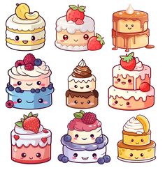 a bunch of cakes with different toppings on top of each one, including strawberries and bananas