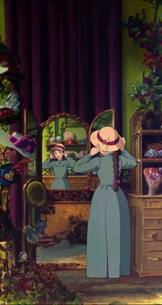 an animated woman standing in front of a dresser