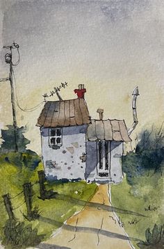 a watercolor painting of a white house with a red chimney on the roof and some wires above it