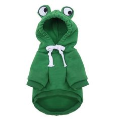 a green frog dog hoodie with eyes on it's face and mouth open