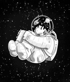 an astronaut floating in the air with his arm around another spaceman's neck