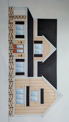 a drawing of a house with two floors and three windows on each side of the house