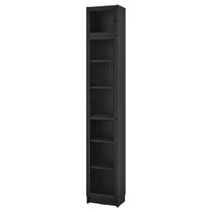 a tall black bookcase with two shelves