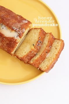 a sliced loaf of pound cake on a yellow plate