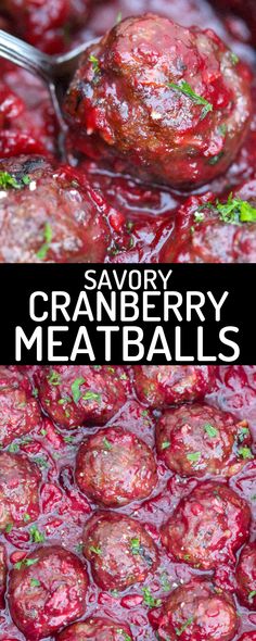 cranberry meatballs are being cooked in a pan with the words savory cranberry meatballs