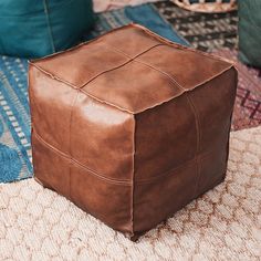 Ottoman Footstool-ToShay.org Leather Pouf Ottoman, Handmade Ottomans, Moroccan Leather Pouf, Style Marocain, Bedroom Cushions, Simple Sofa, Ottoman Cushion, Leather Footstool, Moroccan Leather