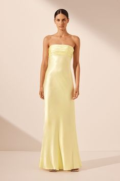 La Lune Strapless Ruched Bodice Maxi Dress | Lemon | Dresses | Shona Joy Simple Prom Dress Strapless, Strapless Silk Maxi Dress, Flowy Floor Length Dress, Deb Ball Guest Dresses, Strapless Yellow Prom Dress, Yellow Strapless Prom Dress, Pastel Yellow Bridesmaid Dresses Long, Yellow Maxi Dress Wedding, Strapless Column Dress