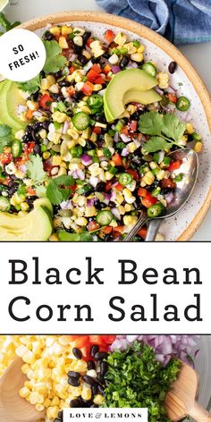 black bean corn salad with avocado and fresh cilantro on the side