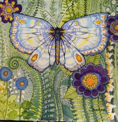 a painting of a blue butterfly with purple flowers