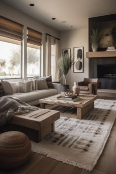 a living room filled with furniture and a fire place in front of a window on top of a wooden floor