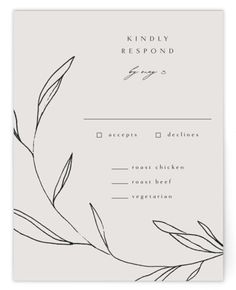 a wedding rsp card with black and white leaves on the front, in an elegant style