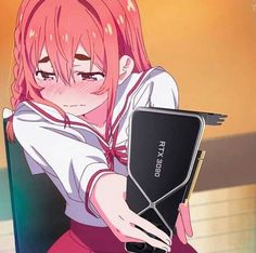 a girl with pink hair holding a black object