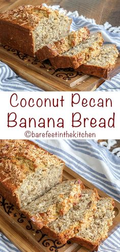 coconut pecan banana bread on a cutting board