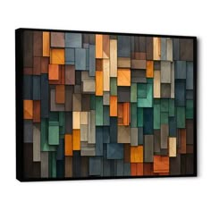 an abstract wooden wall art piece with multicolored wood panels on the bottom and sides