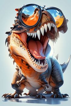 an image of a dinosaur with goggles on it's head and mouth open