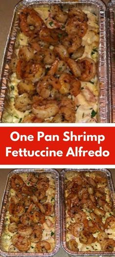 one pan shrimp fettuccine alfredo is in the process of being cooked and then baked