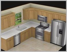 a computer rendering of a kitchen with stainless steel appliances and wood cabinets, including an island