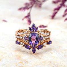 Royal Amethyst Trine Rings 14k Gold Custom Engagement Rings Set Unique Vintage Classic Handmade Ring Anniversary Ring Gift promise Rings Gems Rings, Amethyst Wedding Rings, Magic Academy, February Birthstone Ring, Gold Amethyst Ring, Trio Ring, Promise Ring Gift, Full Eternity Ring, Gem Ring