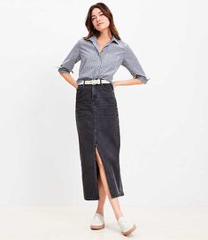 A sleek silhouette with a front slit providing just the right amount of movement and flare, this structured woven denim skirt is a chic essential for every day. Front zip with button closure. Belt loops. Five-pocket styling.,Imported:Imported,Fit:Fit: Straight - fits straight & loose,Length:36" long,Fabrication:98% Cotton 2% Spandex,Garment Care:Machine Washable Loft Denim Front Slit Pocket Midi Skirt Size 10 Washed Black Women's by Loft Size Regular - 10 Washed Black Women's Midi/Maxi, Skirt, 98%, Cotton, 2%, Spandex, Machine, Washable Long Black Denim Skirt, Black Denim Skirt Outfit, Black Denim Midi Skirt, Denim Skirt Black, Office Fits, Getaway Dress, Denim Skirt Outfits, Social Dresses, Perfect Denim