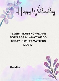 buddha quote about happy wednesday with purple flowers on the left side and blue sky in the background