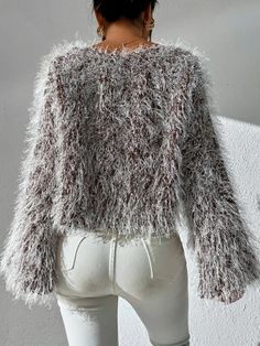 Off Shoulder Trumpet Sleeve Fluffy Knit Sweater | SHEIN USA Fall Party Knit Top With Crew Neck, Fall Party Crew Neck Knit Top, Textured Knit Crew Neck Sweater For Party, White Knit Party Sweater, White Knit Sweater For Party, Knit Sweater For Party In Fall, Knit Sweater For Fall Party, Fall Party Knit Sweater, Fall Party V-neck Sweater