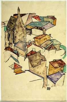 this is an image of a drawing of houses in the air with kites flying over them