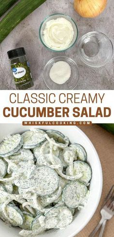 the ingredients for this creamy cucumber salad are in bowls and ready to be eaten