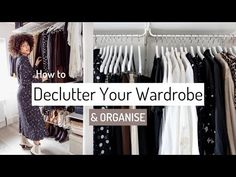 a woman standing in front of a closet full of clothes and other clothing on hangers