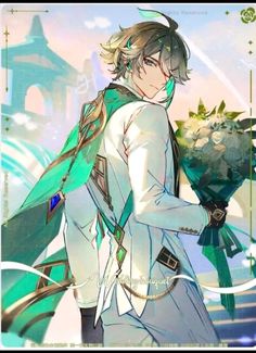 an anime character with long hair holding a bouquet of flowers in his hand and looking at the sky