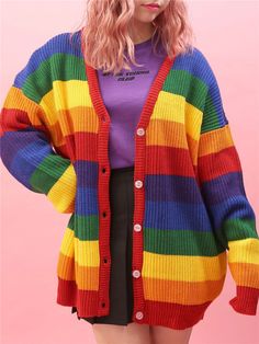 New Rainbow Stripe Colorblock Loose Sweater Jacket sold by Dream castle on Storenvy Rainbow Cardigan, Loose Knit Cardigan, Rainbow Outfit, Rainbow Sweater, Pride Outfit, Outfit Trends, Loose Sweater, Kawaii Clothes