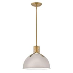 the brass and white glass pendant light is hanging from an adjustable ceiling fixture with a gold finish