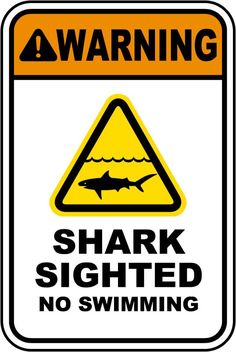 a warning sign for sharks is shown in black and yellow with the words shark, no swimming on it