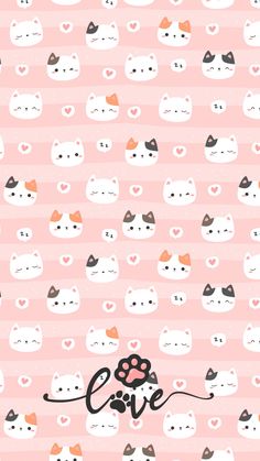 a pink wallpaper with cats and hearts on it, the word love is written in black