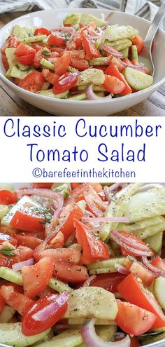 a close up of a plate of food with tomatoes and cucumbers