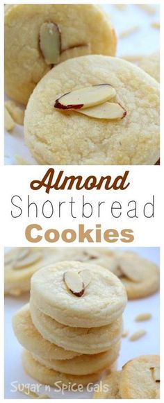 almond shortbread cookies stacked on top of each other with the words almond shortbread cookies above them