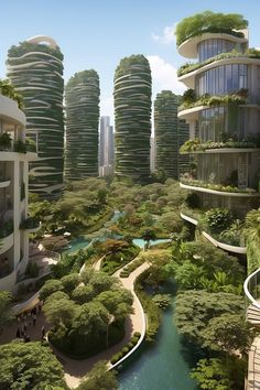 an artist's rendering of a futuristic city surrounded by trees