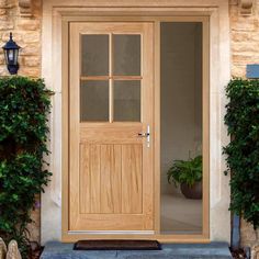 a wooden door with glass on the side of a house in front of some plants