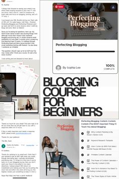 a website page with an image of a woman sitting in a chair and the words blogging course for beginners