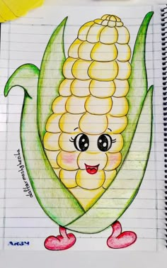 a drawing of a cartoon corn on the cob with eyes and legs, drawn in colored pencils