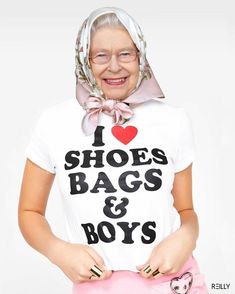 an older woman wearing a t - shirt that says i love shoes bags and boys