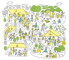 an illustrated map with people walking around and playing in the park, on white paper