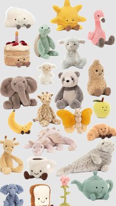 many stuffed animals are arranged in rows on a white background