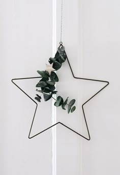 a metal star hanging from the side of a white door with eucalyptus leaves on it