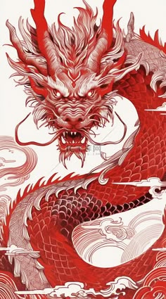 a drawing of a dragon with red and white colors on it's body,