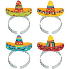 four mexican hats with different colors and designs on the top one is yellow, green, blue, red, orange